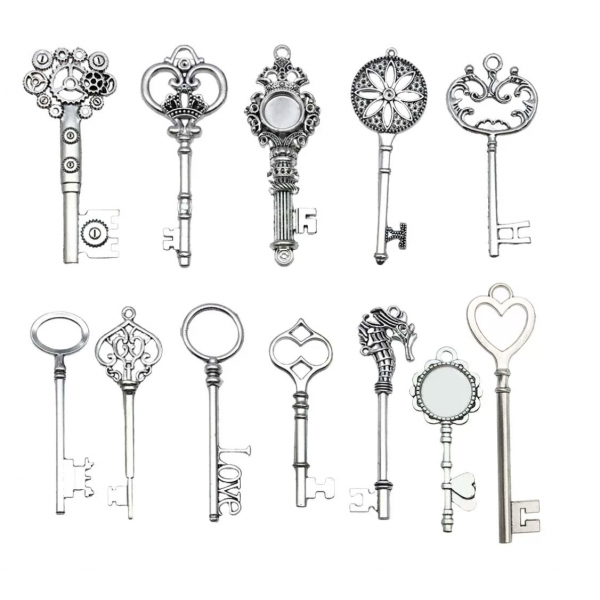 12pcs mixed (one per style) antique silver plated keys TB-1018571442928-M102