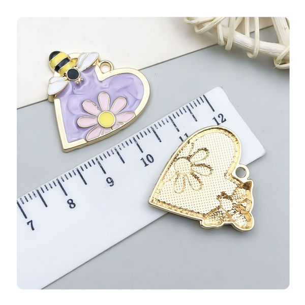 3pcs/pack  25x26x3.5mm enamel bee heart daisy purple TB-953868506607-23594
